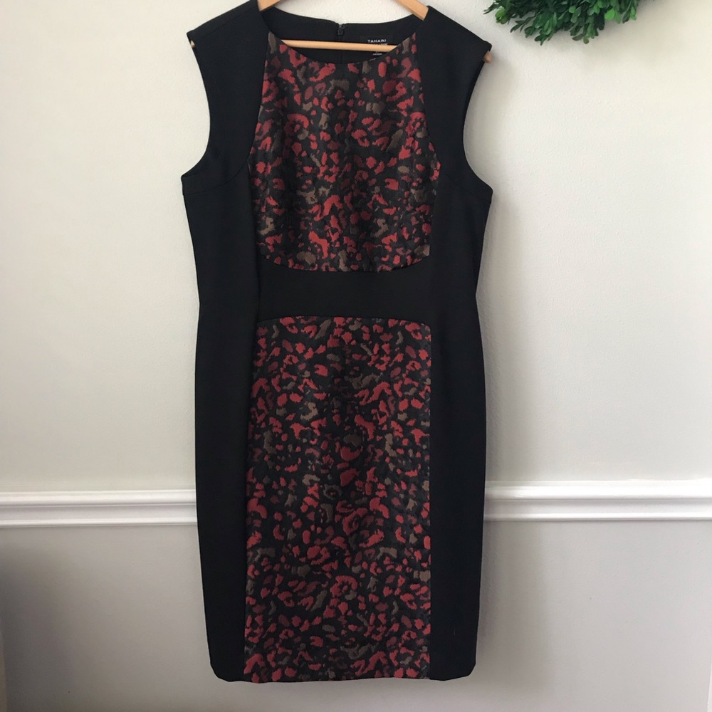 Tahari Red Leopard Print Paneled Sheath Dress 14